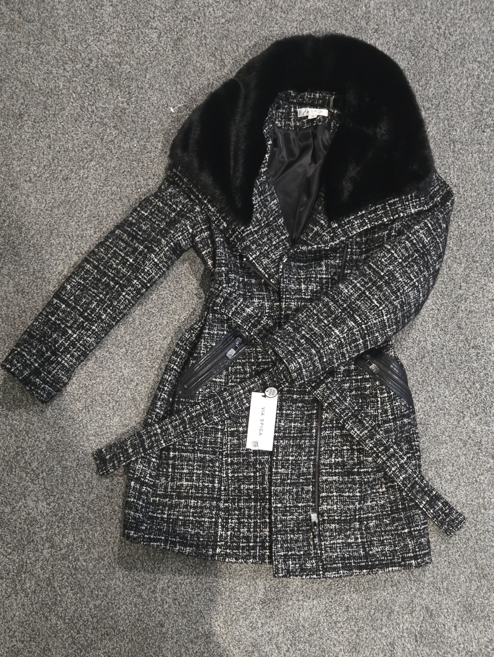 Via Spiga Black and White Tweed Trench Coat with Black Faux Fur Collar